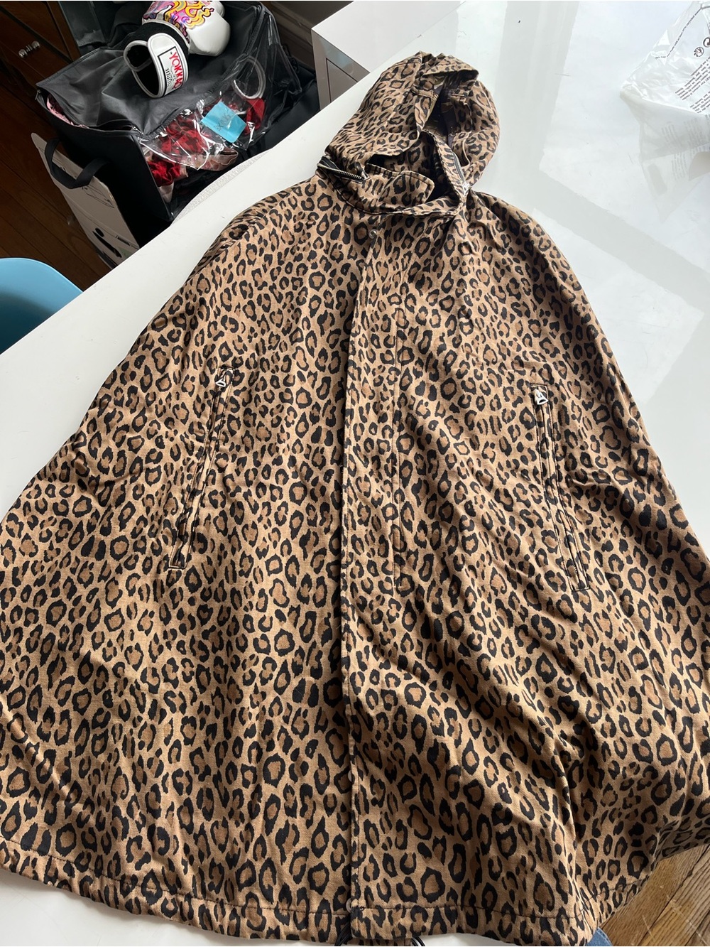 Vis à Vis Leopard Print Hooded Cape with Olive Accents
